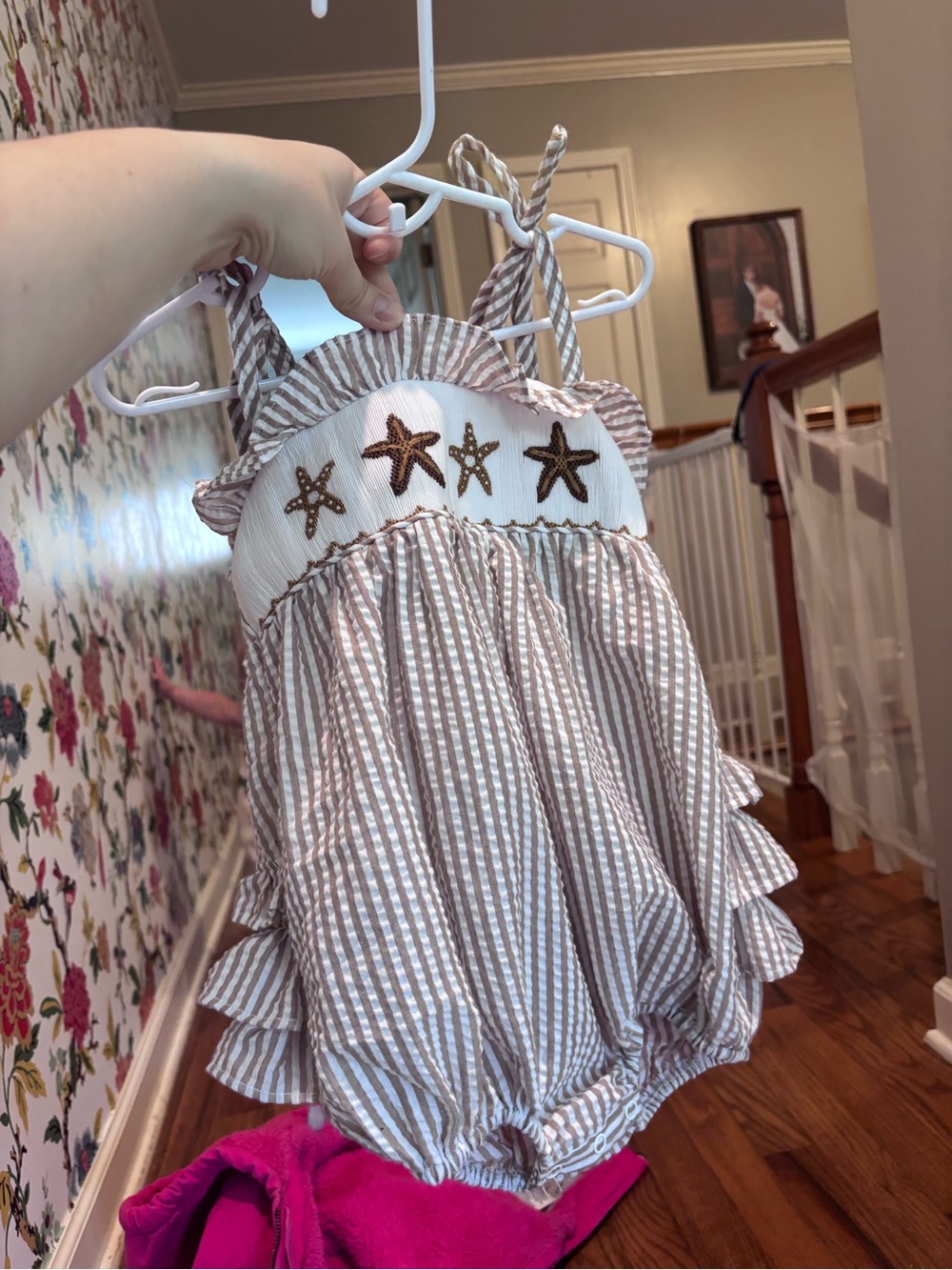 Seersucker Starfish Bubble Romper - Beige - Classic Southern Smocks NWT